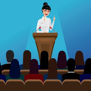 Smiling business woman public speaker staying in the pulpit on conference