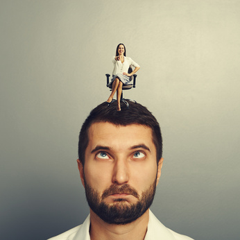 stressed man with smiley woman