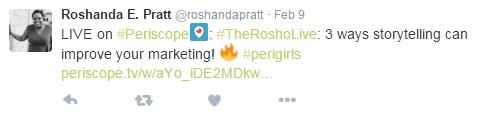 Roshanda Pratt's Twitter item about Periscope