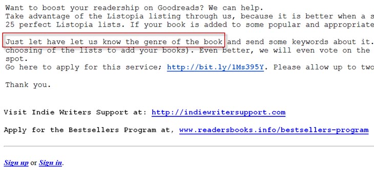 Scam email about Goodreads' Listopia